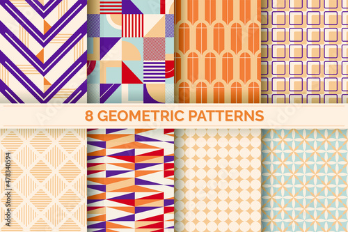 Set of 8 trendy retro style seamless patterns with abstract geometric shapes.