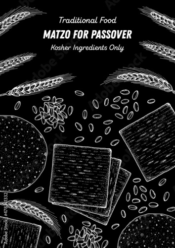 Matzo cooking and ingredients for matzo, sketch illustration. Middle eastern cuisine frame. Traditional passover food, design elements. Hand drawn, menu and package design. Jewish food.