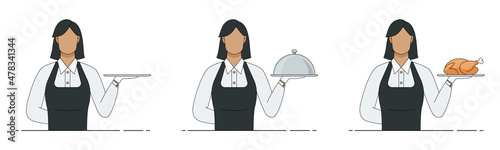 Woman waitress holds empty serving tray, platter with cloche and plate with baked bird. Vector flat simple illustration