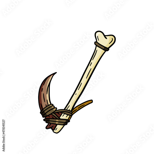 Fish hook made of bone and fang. Tool of primitive man of Stone Age. Old tool for fishing and hunting. Cartoon outline illustration