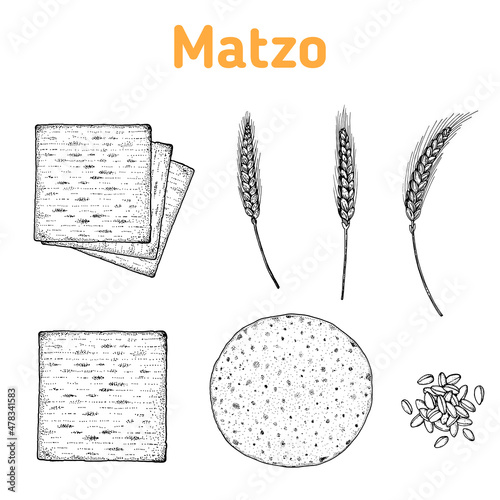 Matzo cooking and ingredients for matzo illustration. Middle eastern cuisine. Traditional passover food, design elements. Hand drawn, menu and package design. Jewish food.