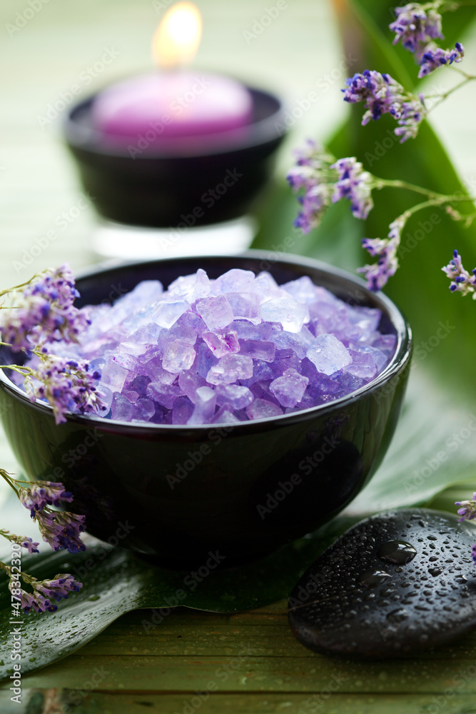 Spa Beauty concept. Sea Mineral Bath Salt and flowers Spa Beauty concept. Sea Mineral Bath Salt and flowers