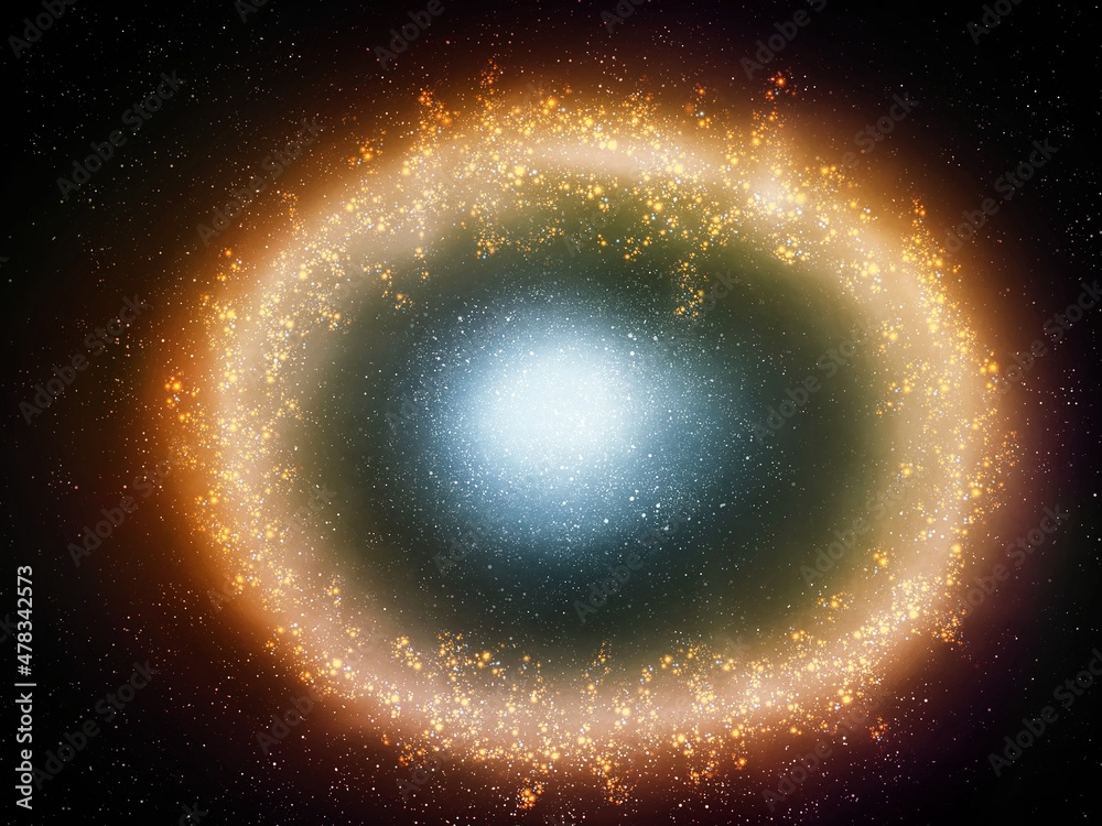 Naklejka premium Supernova explosion in a star cluster. An elliptical galaxy with a bright center and a ring 3d illustration. 