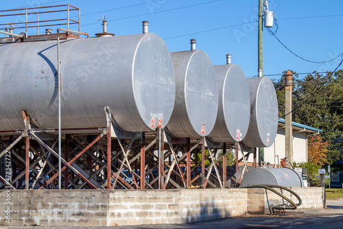 Big tanks at a fuel storage depot and filling station. Class 3 hazmat placards are visible.