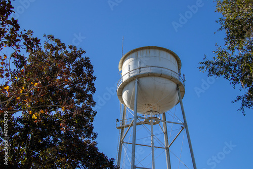 Buzzards roost on a municipal water tower rising against a clear blue sky between oak and magnolia trees in the Southeast,  USA. photo