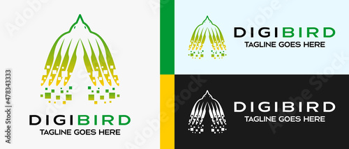 flying bird logo design template in modern digital technology style. vector illustration