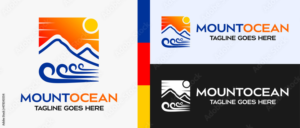 Mountains and sea design logo template. mountain and sea or lake icon in a box. outdoor logo vector illustration.