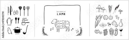 Cooking - meat cut parts, butcher guide "Butcher's Cut Lamb" + fresh ingredients + Cooking tool household, utensil kitchenware illustration - Branding Element, recipe book and menu - farm to table