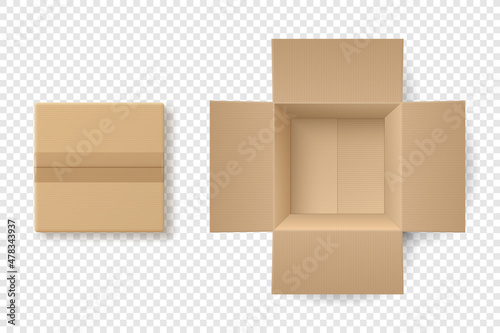 Vector 3d Closed and Opened Cardboard Brown Craft Paper Box, Gift Box Set Isolated. Birthday, New Year, Christmas, Valentine Day, Sale, Surpirse, Purchase Concept. Design Template of Packing. Top View