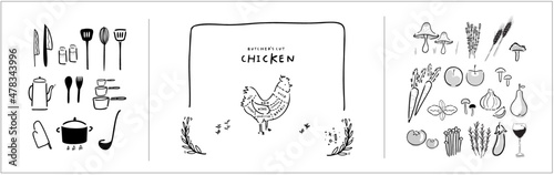 Cooking - meat cut parts, butcher guide "Butcher's Cut Chicken" + fresh ingredients + Cooking tool household, utensil kitchenware illustration - Branding Element, recipe book and menu - farm to table
