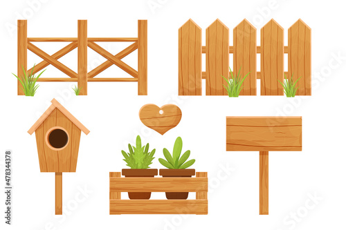 Set wooden fence, birdhouse, empty billboard, sign and wooden box with flowerpots isolated on white background. Textured, detailed objects, seasonal decoration, beige elegant color in cartoon style.