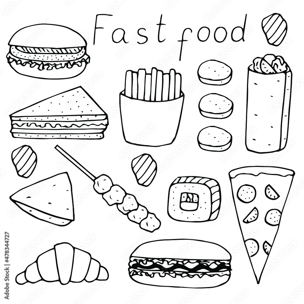 Fast food set vector illustration, hand drawing doodle