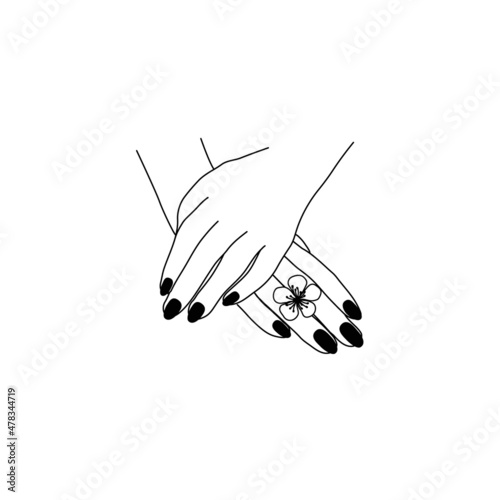 Hand logo in a minimal linear style.Black and white hand drawing hands and Cherry blossom flowers on white background.Vector emblem perfect for logotype design or labels of nail masters