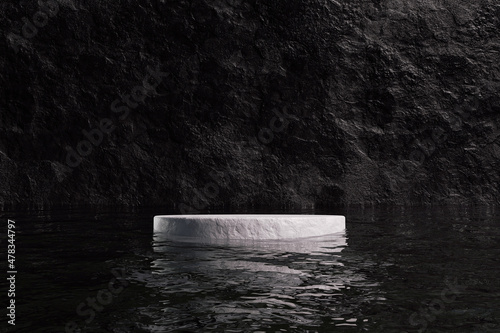 White podium on water, mock up scene with black rock background. 3D render