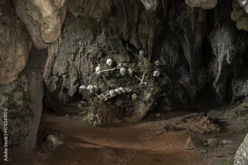 Skulls and bones exposed in the spectacular cave tomb of Lombok Parinding which has housed the dead of TanaToraja since 700 years