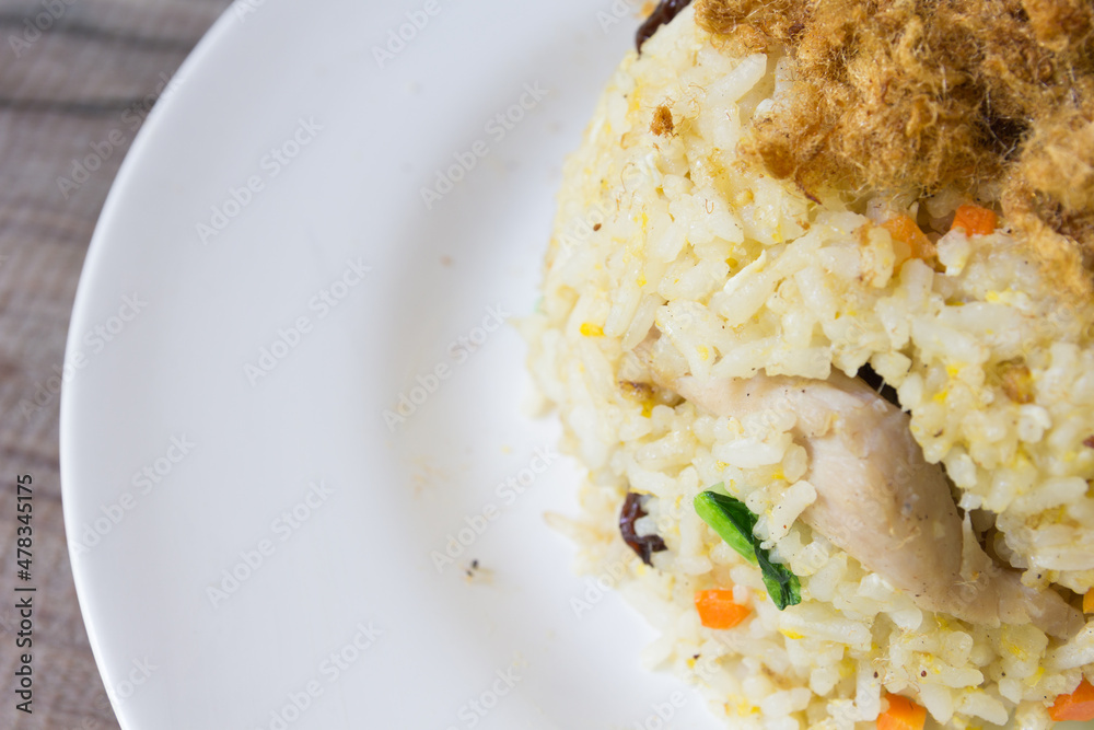Fried rice with dried shredded pork on white dish Fried rice with dried shredded pork on white dish