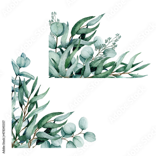 Watercolor eucalyptus branches Corner Bundle, Floral Border set, Hand painted exotic illustration isolated on white background, Tropical leaves border, For wedding design, Birthday invitation