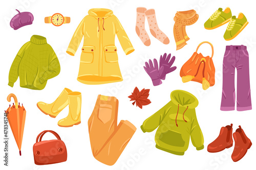 Autumn clothing cute stickers isolated set. Collection of sweater, raincoat, socks, scarf, gloves, pants, umbrella. Warm clothes for walking outdoors. Illustration in flat cartoon design