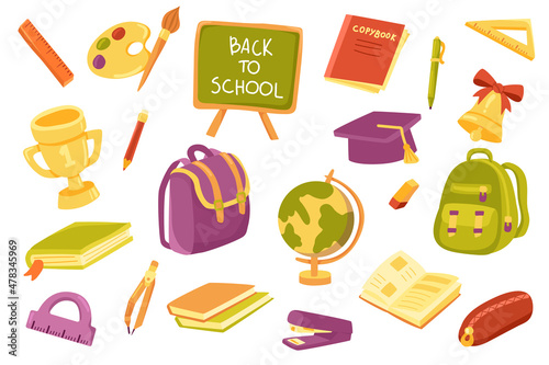 School supply cute stickers isolated set. Collection of ruler, paints, chalkboard, notebook, pen, pencil, backpack, globe, textbook, compasses, stapler. Illustration in flat cartoon design