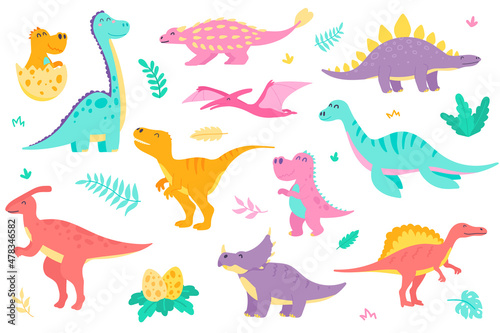 Cute dinosaurs isolated objects set. Collection of different types of colorful dinosaurs, dino baby in egg. Funny prehistoric jurassic reptiles. Illustration of design elements in flat cartoon