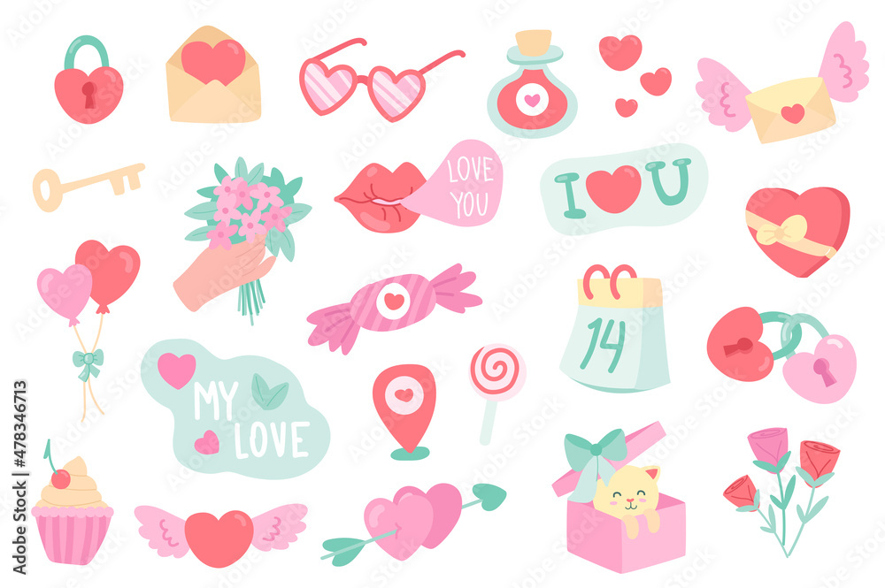 Valentines Day isolated objects set. Collection of heart lock, key, letter, glasses, love potion, rose flowers, kiss, balloon, calendar, gift. Illustration of design elements in flat cartoon - obrazy, fototapety, plakaty 