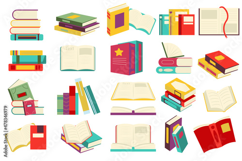 Reading book set in flat cartoon design. Stacks of books or textbook, open pages with bookmarks, literature of different genres. Library or bookstore collection isolated elements. Illustration