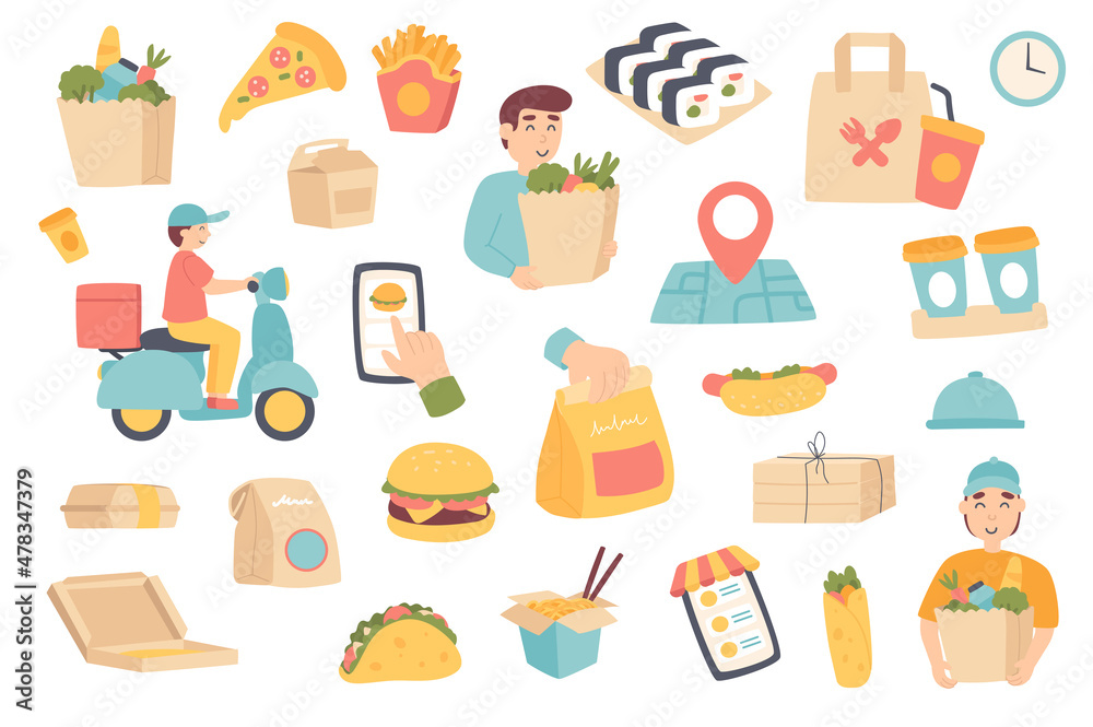 Food delivery isolated objects set. Collection of courier, customer with grocery bag, pizza, hamburger, sushi, coffee, mobile app and tracking. Illustration of design elements in flat cartoon Food delivery isolated objects set. Collection of courier, customer with grocery bag, pizza, hamburger, sushi, coffee, mobile app and tracking. Illustration of design elements in flat cartoon