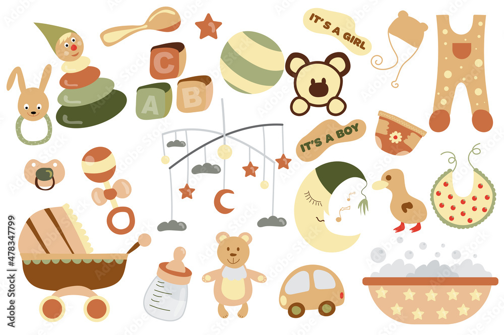 Baby shower and newborn isolated elements set. Bundle of kid clothes and toys, baby mobile, stroller, bath, sleeping moon, bottle and other. Creator kit for illustration in flat cartoon design Baby shower and newborn isolated elements set. Bundle of kid clothes and toys, baby mobile, stroller, bath, sleeping moon, bottle and other. Creator kit for illustration in flat cartoon design