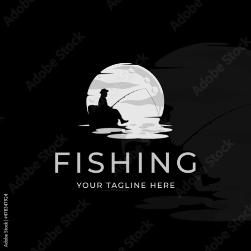 silhouette man fishing at the moon logo vintage vector illustration template icon graphic design. creative fisher logo at the sea and ocean