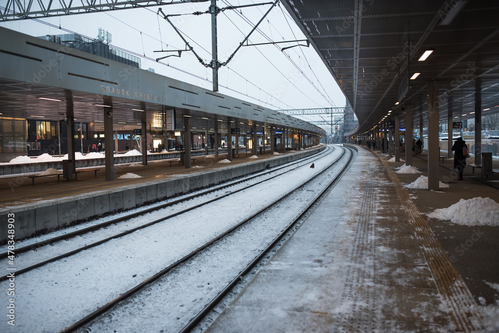 Gdansk, Pomeranian Voivodeship, Poland - December 28 2021: Gdansk Wrzeszcz railway station platform 1. 