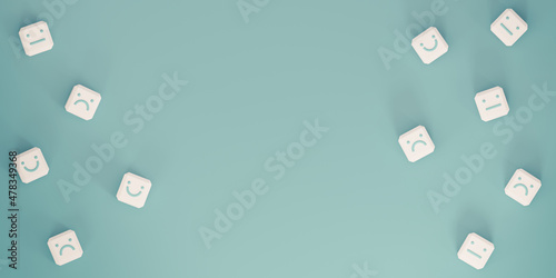White wooden blocks with emotion icon on green blue background, Positive thinking, Mental health assessment , World mental health day concept, Customer Satisfaction Assessment, 3D render	
