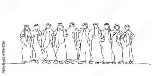 Group of young muslim businessman line up together. Islamic clothing