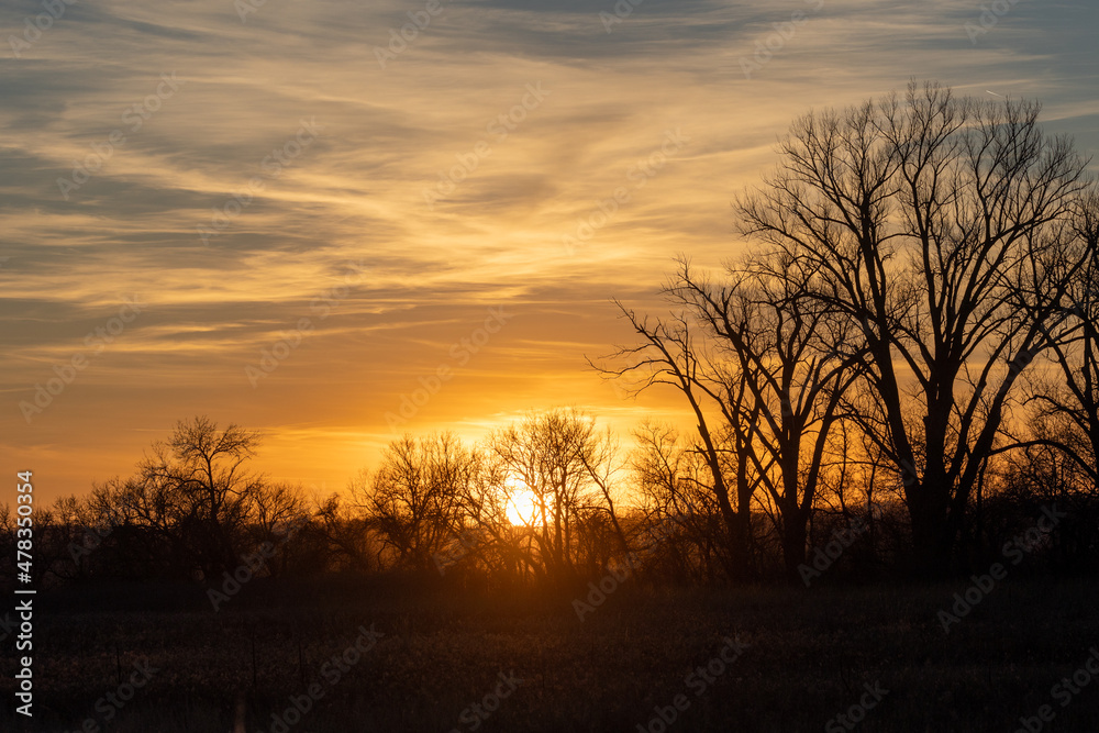 Nebraskan Sunset over a rural wooded area