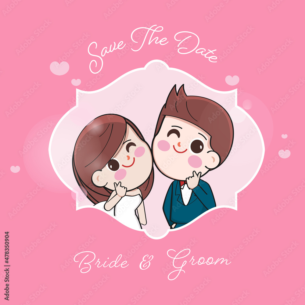 Cartoon bride and groom on wedding card background of pink hearts.