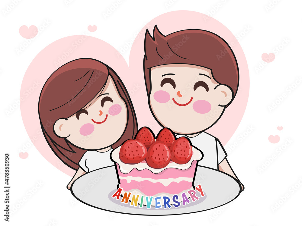 Lover Cartoon Couple character happy anniversary on Valentines Day with strawberry cake.