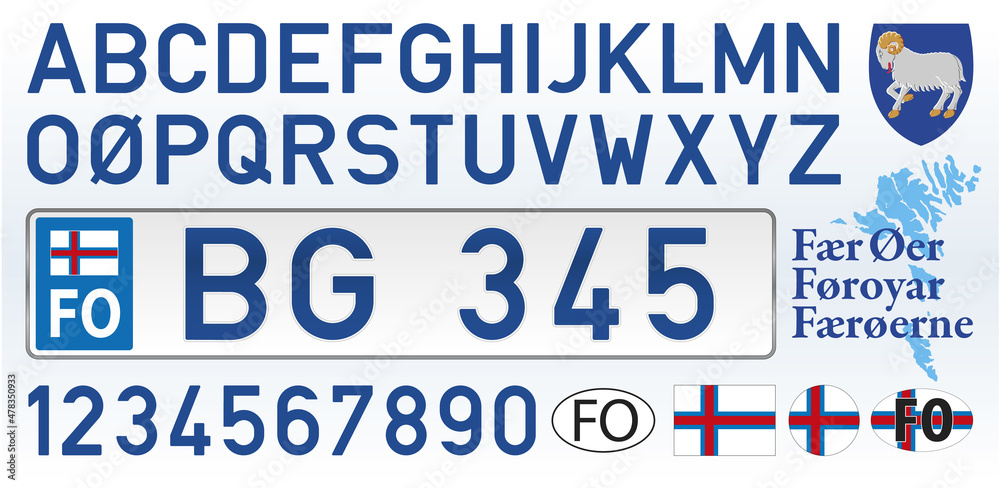 Faer Oer, Foroyar car license plate, letters, numbers and symbols, vector illustration, Denmark Faer Oer, Foroyar car license plate, letters, numbers and symbols, vector illustration, Denmark