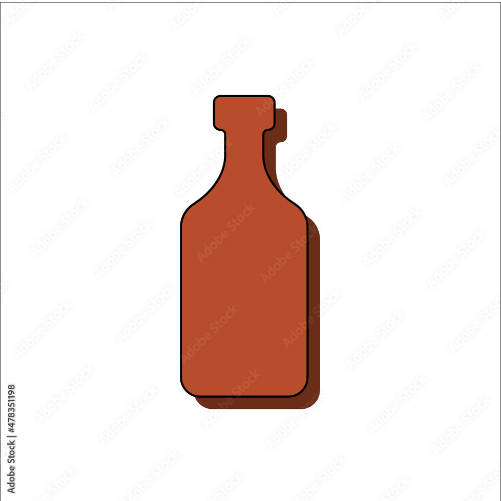 Rum bottle. Alcoholic drink for parties and celebrations. Simple shape isolated with contour and shadow. Colored illustration on white background. Flat design style for any purposes Rum bottle. Alcoholic drink for parties and celebrations. Simple shape isolated with contour and shadow. Colored illustration on white background. Flat design style for any purposes