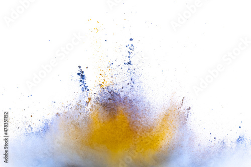 Explosion of colored, fluid and neoned powder on white studio background with copyspace