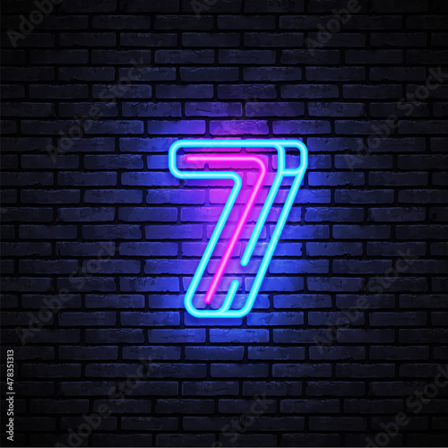 Number seven symbol neon sign vector. Seventh, Number seven template neon icon, light banner, neon signboard, nightly bright advertising, light inscription. Vector illustration