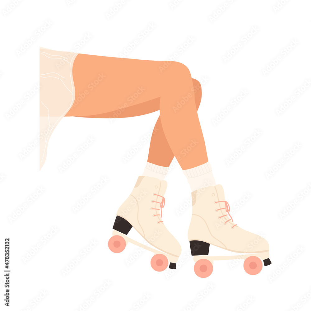 Women's legs in roller skates.  Woman skating shoe with pink wheels. Vector illustration in cartoon style. Isolated on white background.