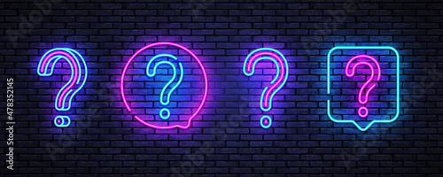 Modern question neon, great design for any purposes. Ask help sign. Blue background. Question neon on light background. Exclamation mark. Vector modern banner. Game frame