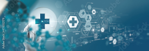Fotografie Medicine doctor hand using modern computer diagnose virtual medical record of patient