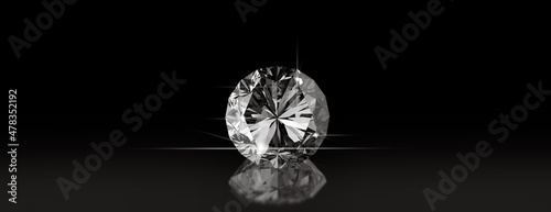 3D rendering illustration.Round cut diamond on black dark glossy background, rear light, shadow, caustics rays.
