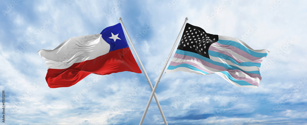 crossed national flags of Chile and TransAmerica flag waving in the ...
