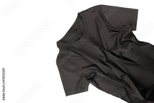 A black t shirt isolated on a white background.