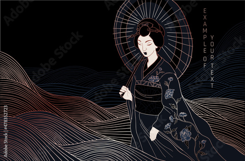 abstract asian style female portrait in traditional clothes, black and gold colored.