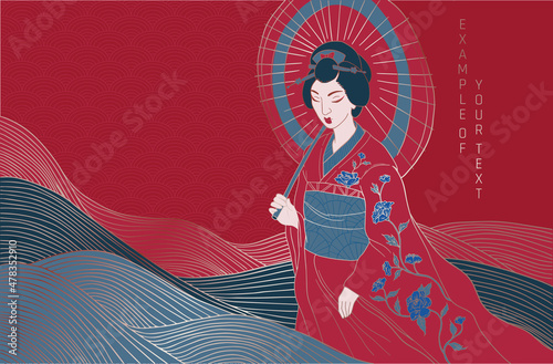 abstract asian style female portrait in traditional clothes, blue, red and gold colored.