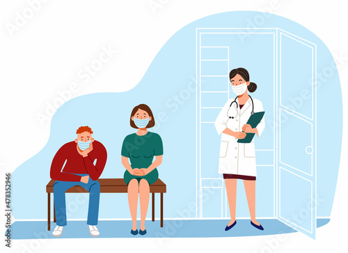 The doctor calls the patient to the office. An appointment with a therapist. masked people of different ages waiting in line. Vector illustration in a flat style.