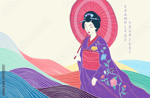abstract asian style female portrait in traditional clothes, bright colours