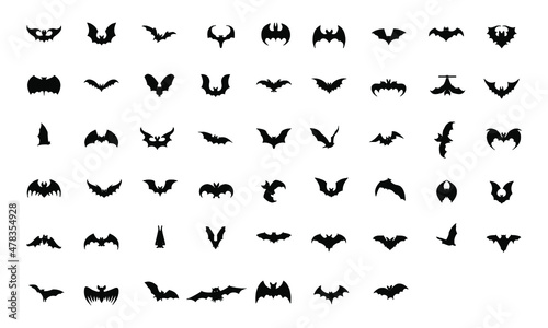 Black silhouettes of bats on a white background. Bats icon set.